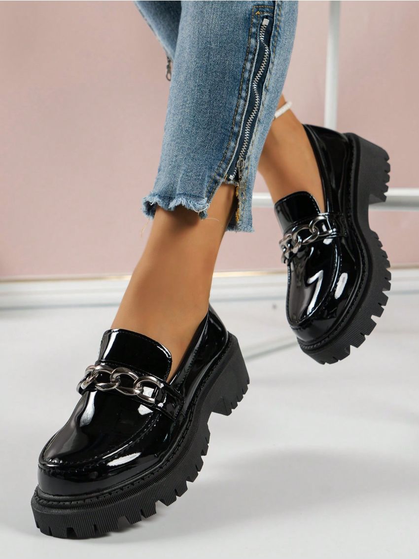 Thick Bottom Light Loafers For Women, New Fall Winter 2023 Mary Jane Platform Soft Sole Round Toe Single Shoes, British Style Patent Leather Shoes, Work Commute Ol Shoes