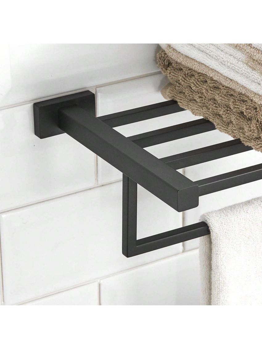 BESy 1pc 22.2-Inch SUS 304 Stainless Steel Towel Racks Holder for Bathroom, Bathroom Shelf with Towel Bar, Multifunction Single Towel Bar Hotel Style, Bathroom Accessories Screw Wall Mount, Matte Black Finish