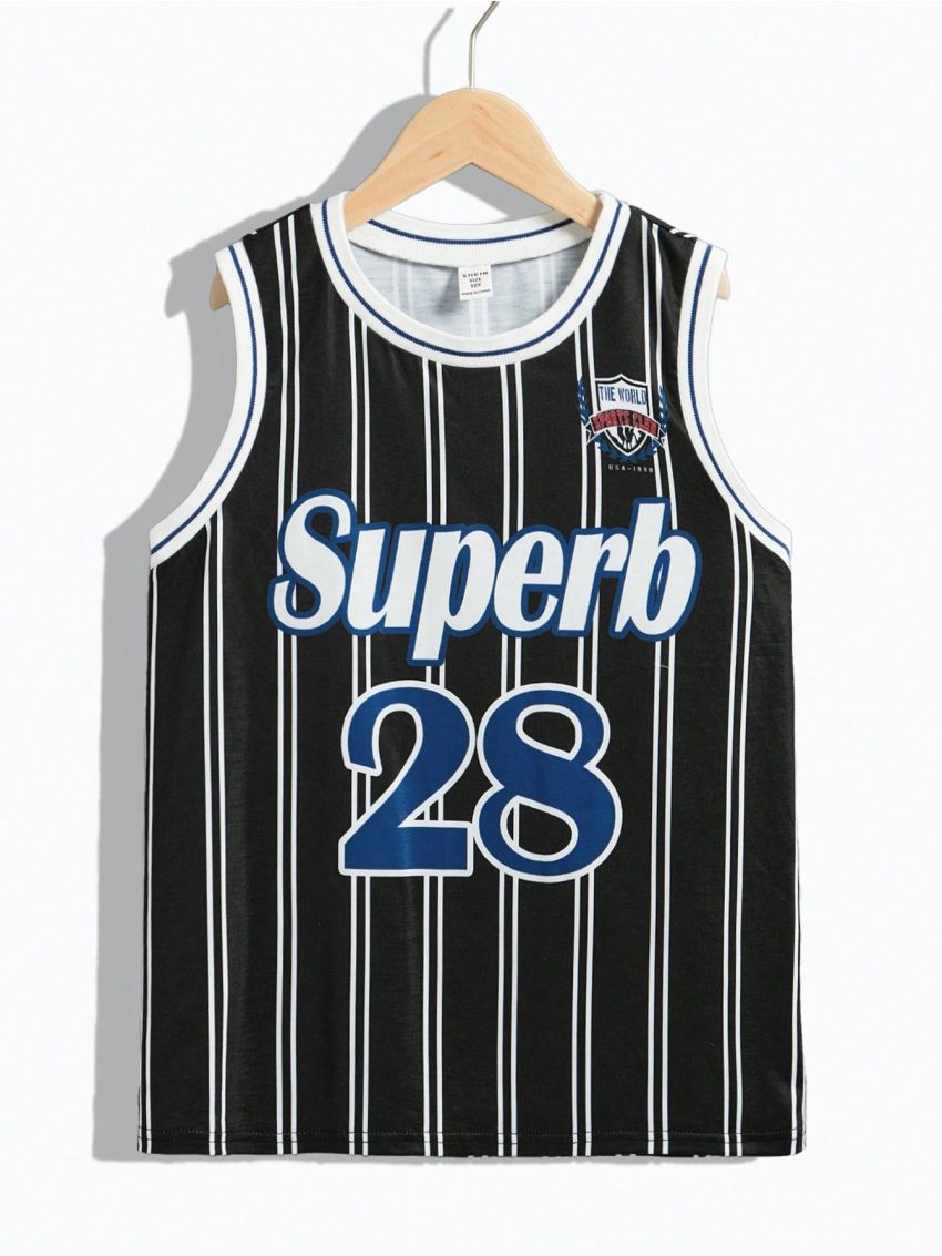 SHEIN Kids SPRTY Tween Boys' Loose Fit Sports Round Neck Knit Vest With Letter & Stripe Pattern