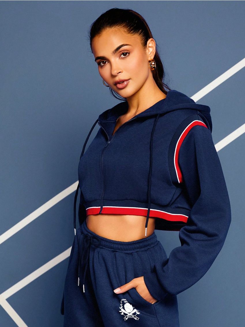 SHEIN VARSITIE Striped Tape Detail Zip Up Drawstring Hoodie