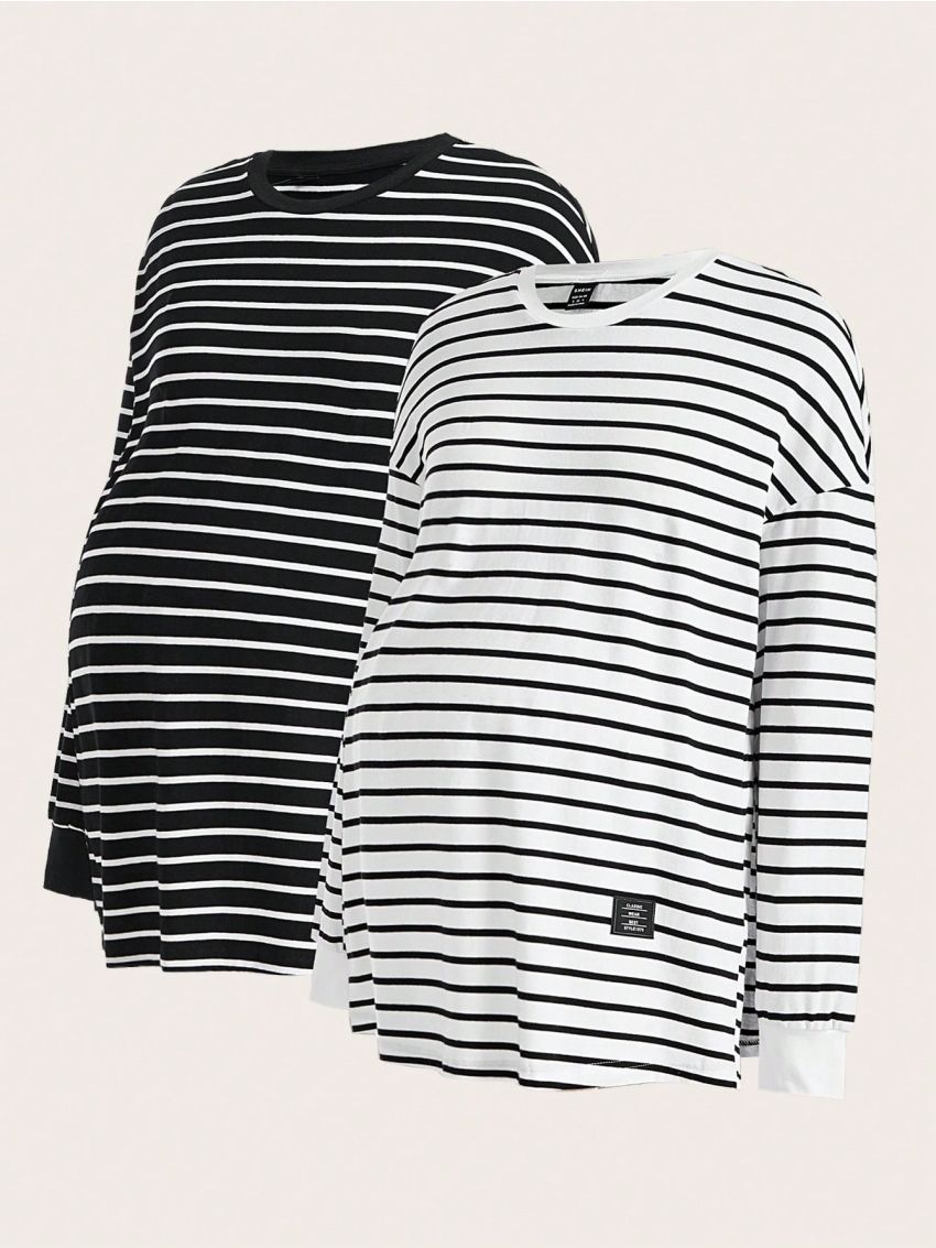 SHEIN Maternity Striped Long Sleeve Round Neck T-Shirt