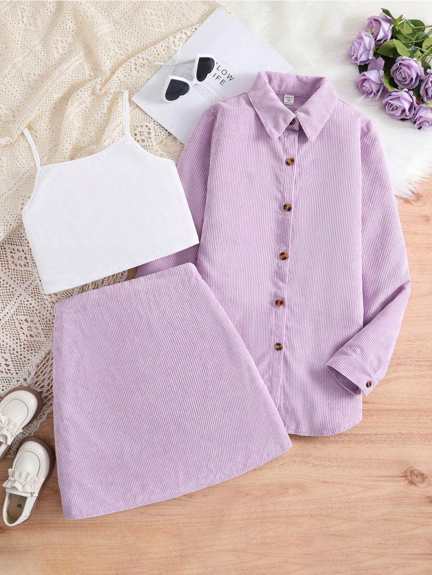 Teen Girl Two Tone Button Up Shirt & Skirt & Cami Top