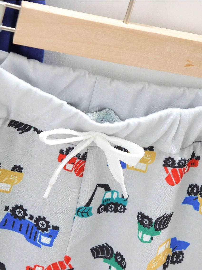 SHEIN Boys' Pure Color Two-Piece Set Of Shorts With Car And Excavator Pattern