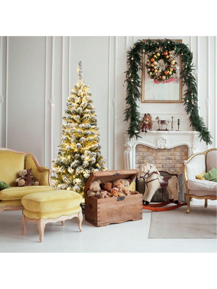 Gymax 4.5ft Pre-lit Pencil Snow Flocked Pencil Christmas Tree Holiday Decoration