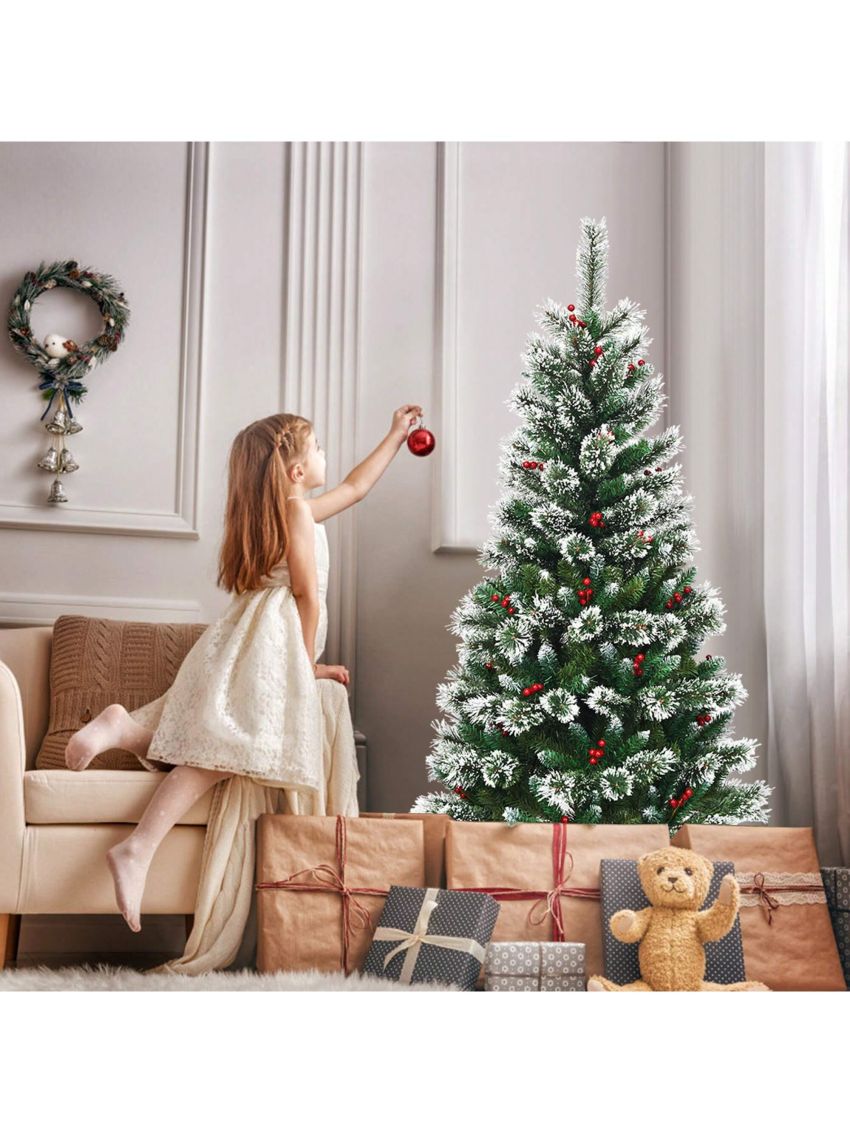 Gymax 6 FT Artificial Christmas Tree Snow Flocked Hinged Tree w/ Red Berries