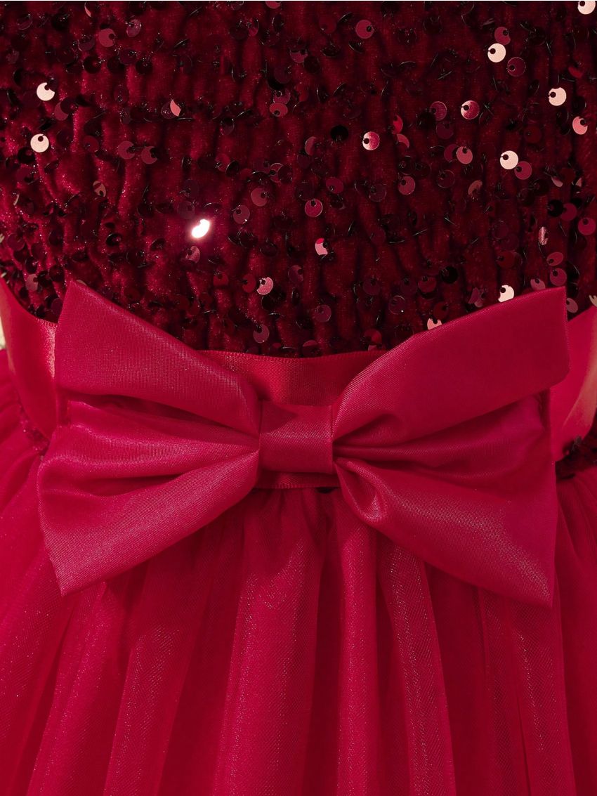 Little Girl's Asymmetric Neckline Sequin Panel Dress With Bow Decoration