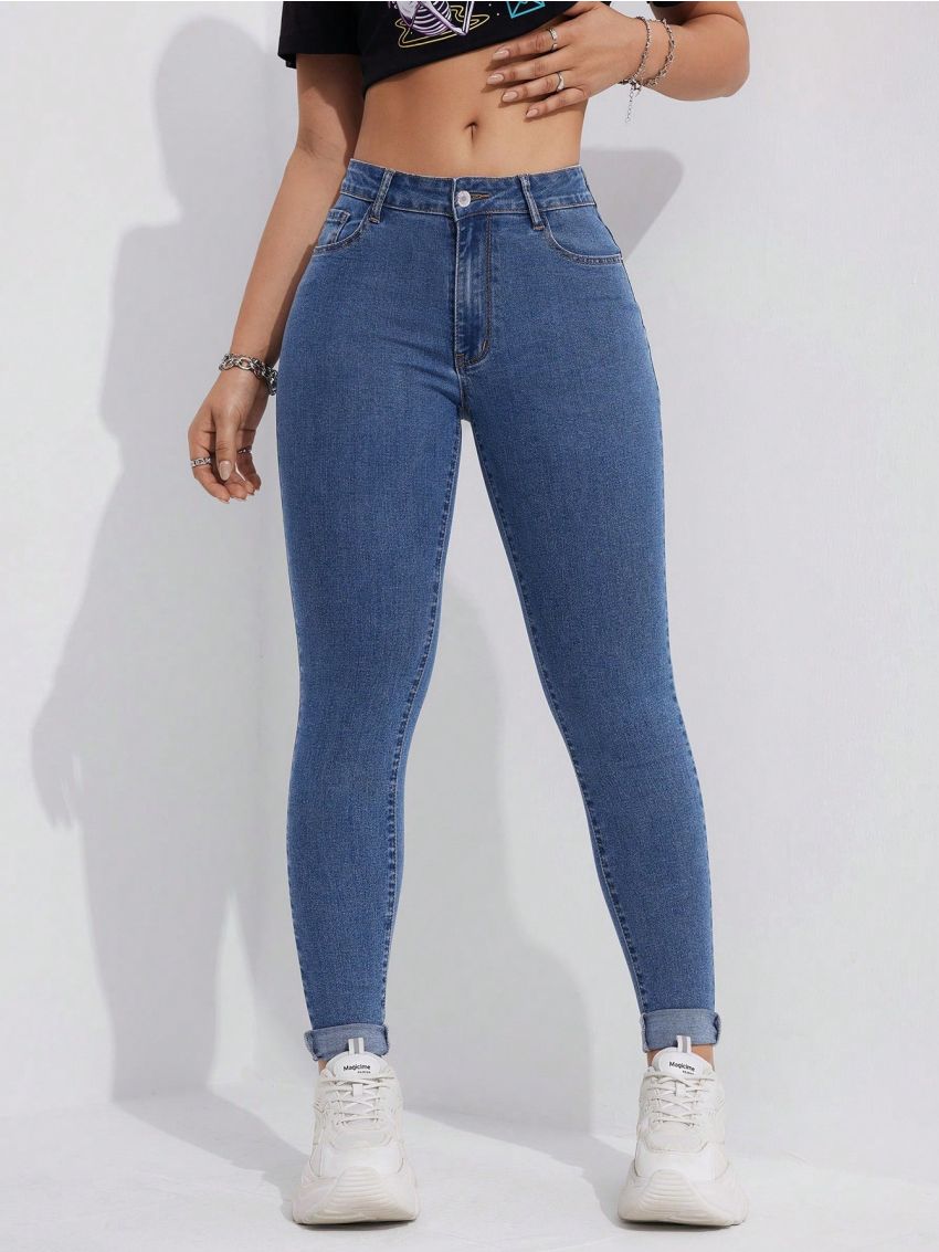 Solid Color Skinny Jeans With Slanted Pockets