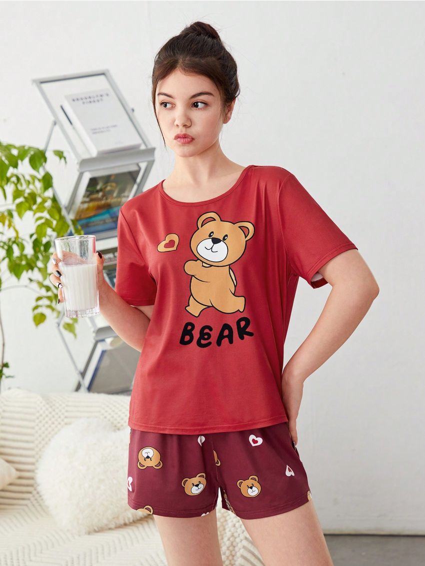 SHEIN Teen Girls' Knitted Adorable Bear Pattern Short Sleeve T-Shirt And Shorts Homewear