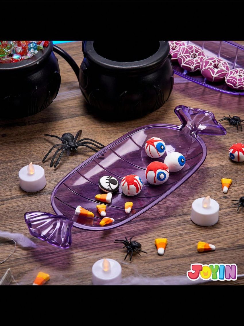 JOYIN 3 Witches Cauldron Serving Bowls, 2 Purple Candy Discs, a Black Metal Shelf with 3 Hooks, 6 PCS Halloween Party Decoration Set Black Plastic Candy Bucket Cauldron Bowls, for Halloween Outdoor and Indoor Decor