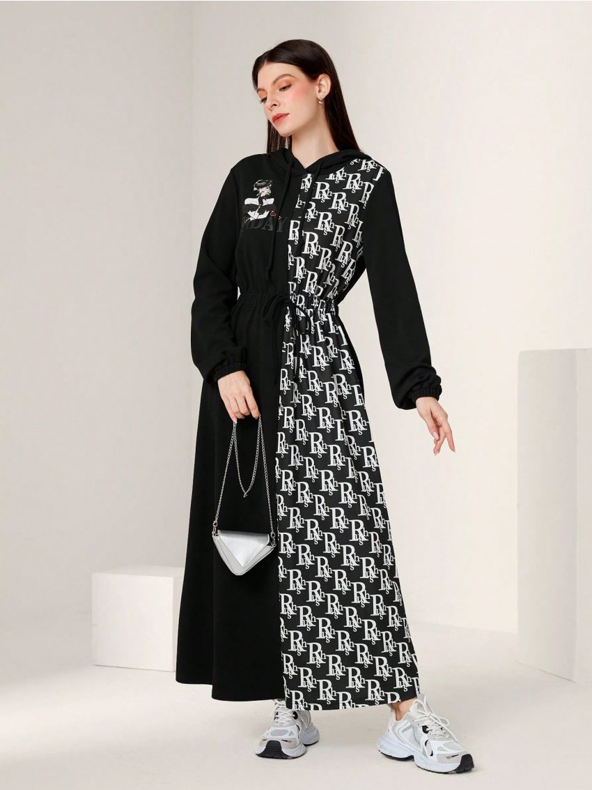SHEIN Mulvari Women's Hooded Drawstring Letter Printed Sweatshirt Dress