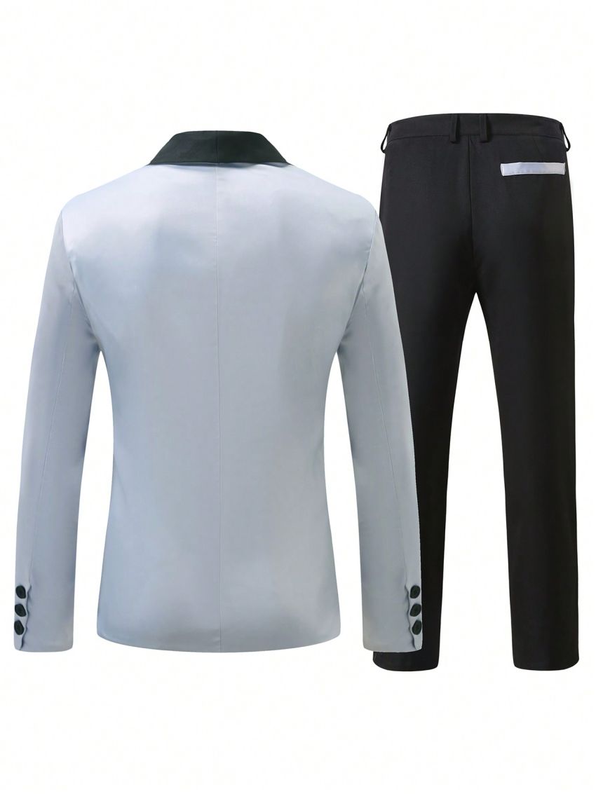 Men's Color Block Suit With Mandarin Collar And Trousers