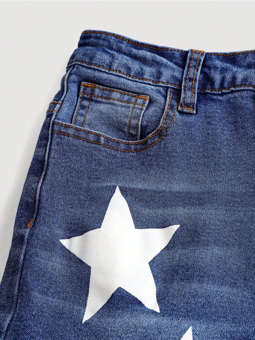 SHEIN Teenage Girls' Flared Jeans With Star Print And Wash, Spring/Summer