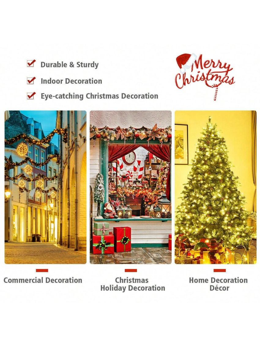 Gymax Pre-Lit 7' Premium Spruce Artificial Christmas Tree Hinged 460 LED Lights Pine Cones