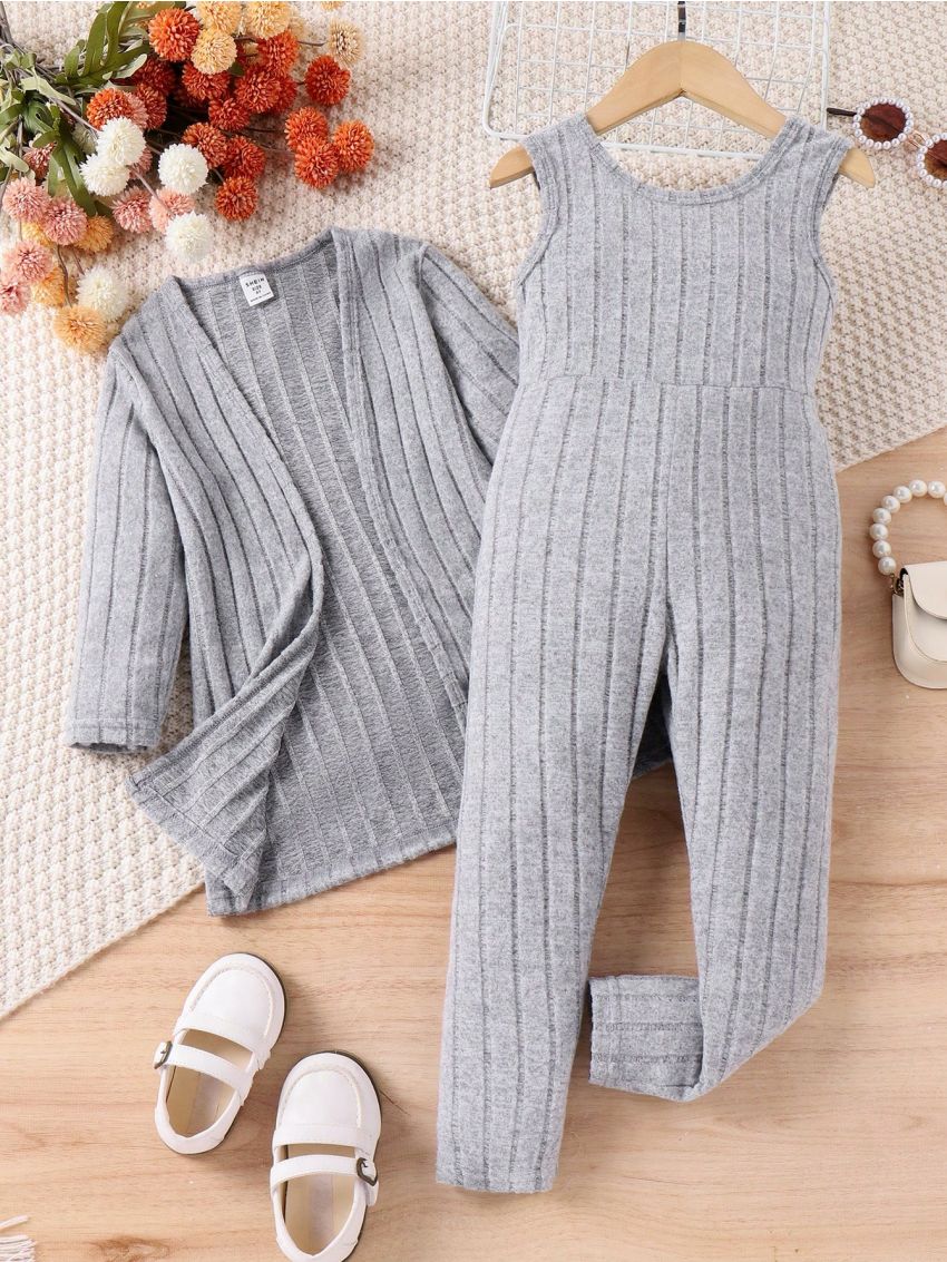 Toddler Girls' Ribbed Knit Jumpsuit With Vest And Cardigan Two Piece Set