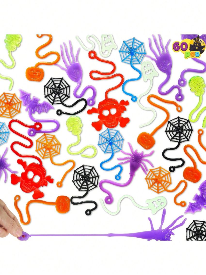 JOYIN 60 PCS Halloween Stretchy Sticky Toys, Slap Sticky Hands Sensory Toys Bulk for Kids Gift, Pumpkin, Ghost, Spider, Skeleton, Party Favors Classroom Game Prizes, Halloween Goodie Bags Stuffers