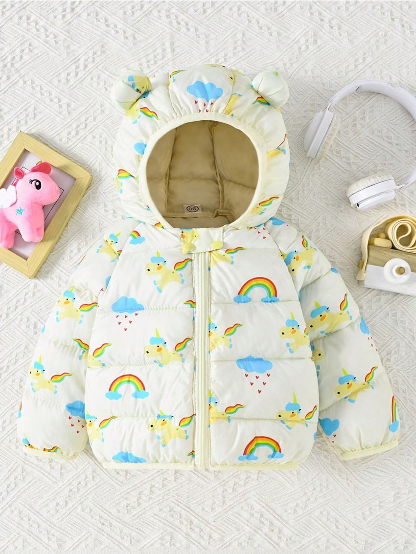 Baby Girl Rainbow & Unicorn Print 3D Ear Design Hooded Puffer Coat