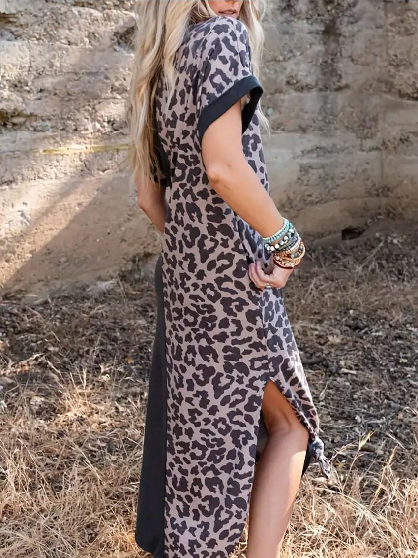 Women'S Leopard Print Patchwork Batwing Sleeve Dress