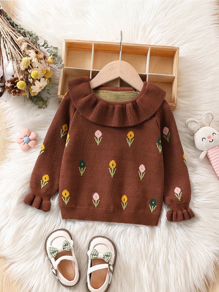 Baby Girls' Sweater With Floral Pattern And Ruffle Edge