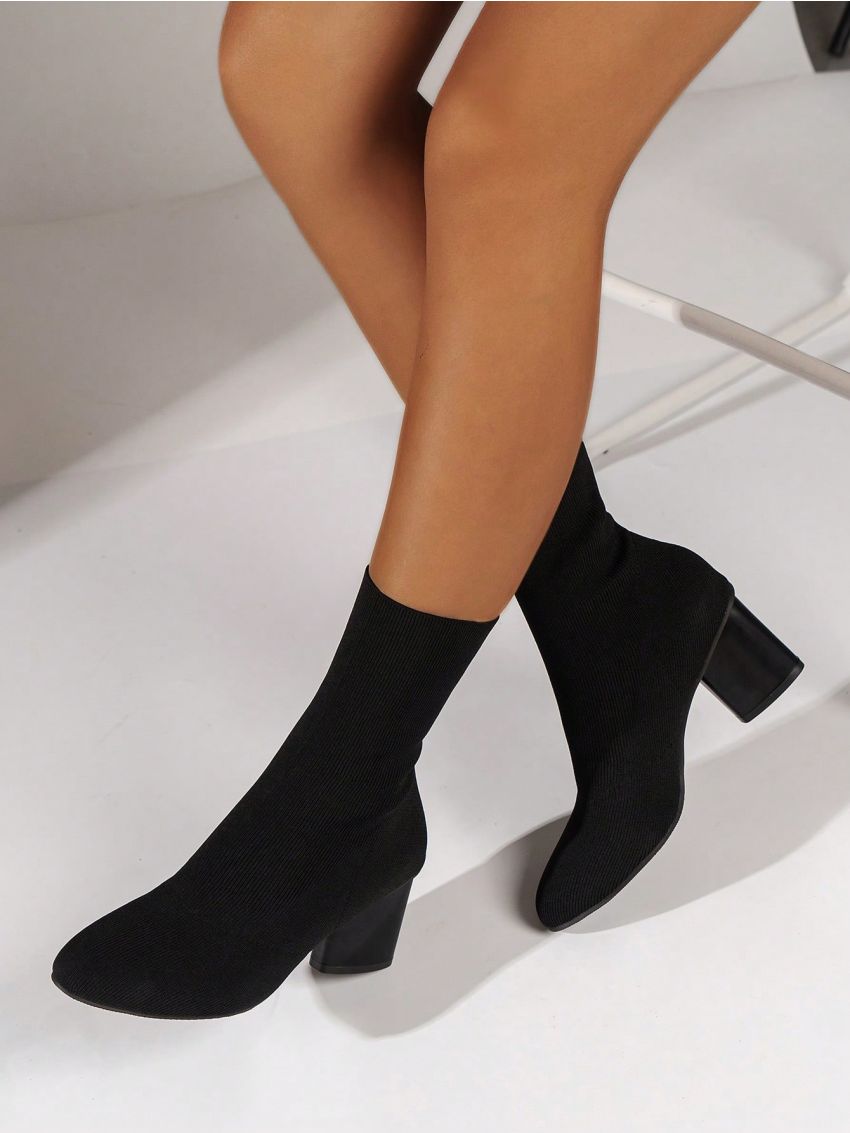 Women's Knit Boots, Christmas 2023 New Mid-calf High-heel Black Fashionable Boots, Women's Autumn Winter Unique Heel Ankle Boots To Look Taller And Slimmer, Women's Short Boots, Black Friday Activity Boots For Women's Holiday Season Style