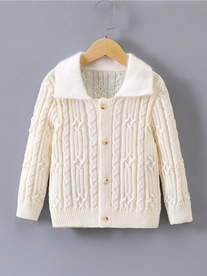 SHEIN Kids CHARMNG Little Girls' Cable Knit Sweater With Collar And Open Front