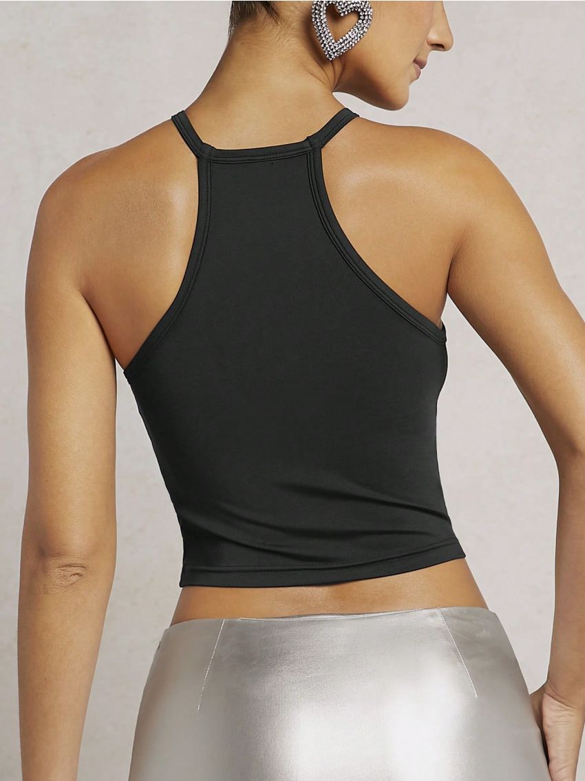 KUNSHENG Rhinestone Fringe Trim Crop Halter Top