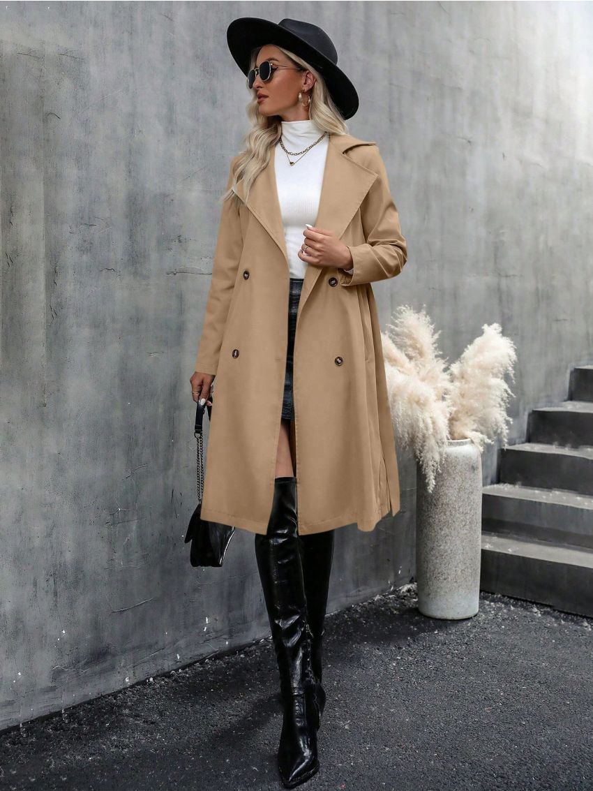 Women's Solid Color Double-breasted Trench Coat With Waist Belt