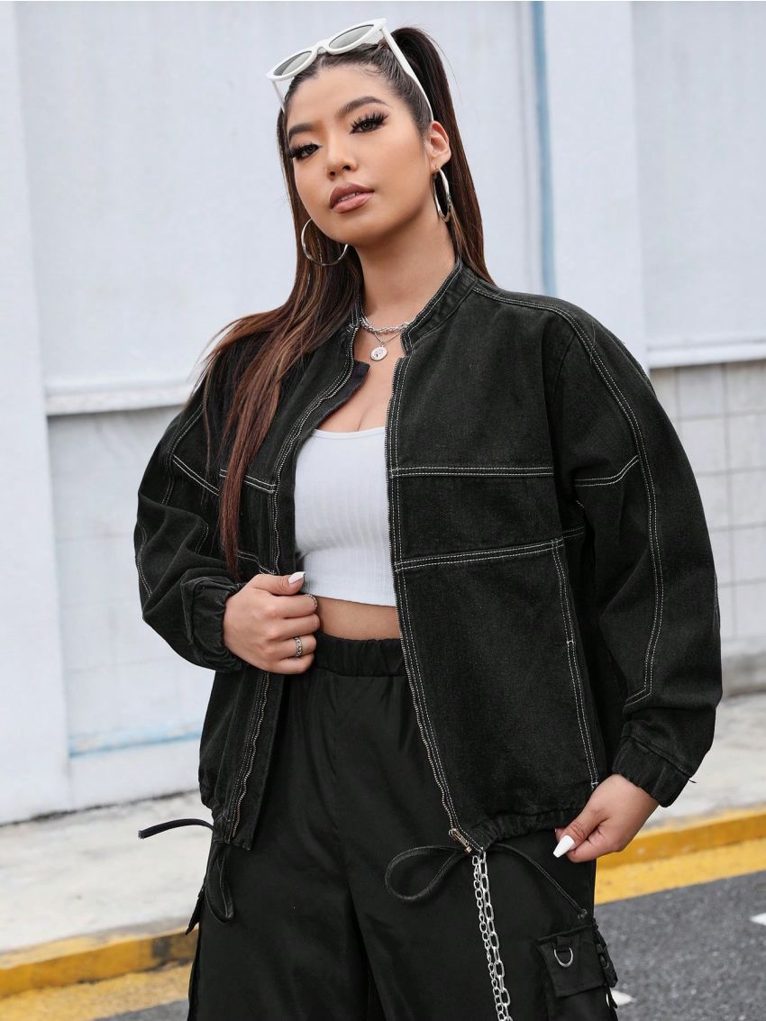 SHEIN ICON Plus Size Stand Collar Drawstring Denim Jacket