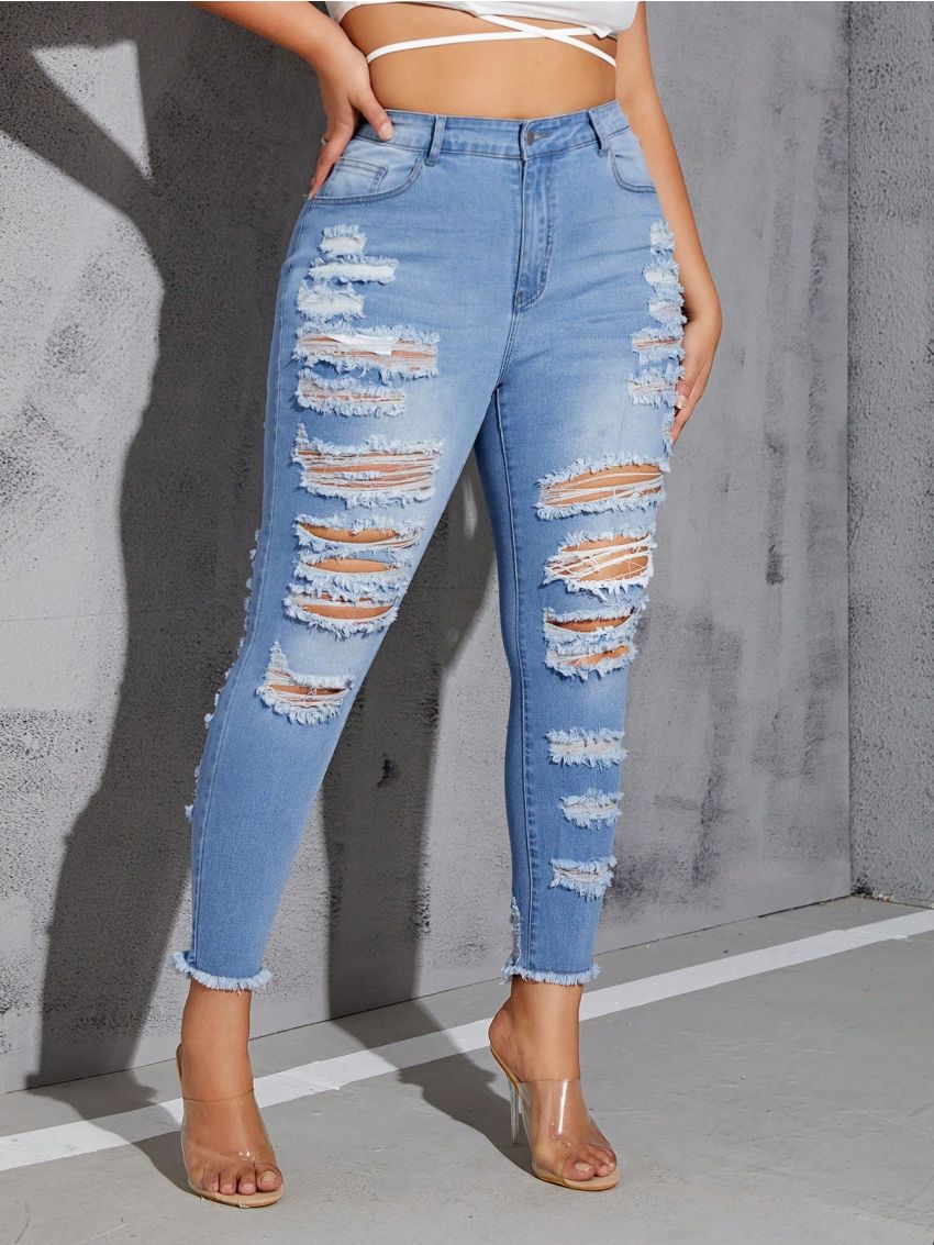SHEIN SXY Plus Size Jeans With Hollow Out And Distressed Details