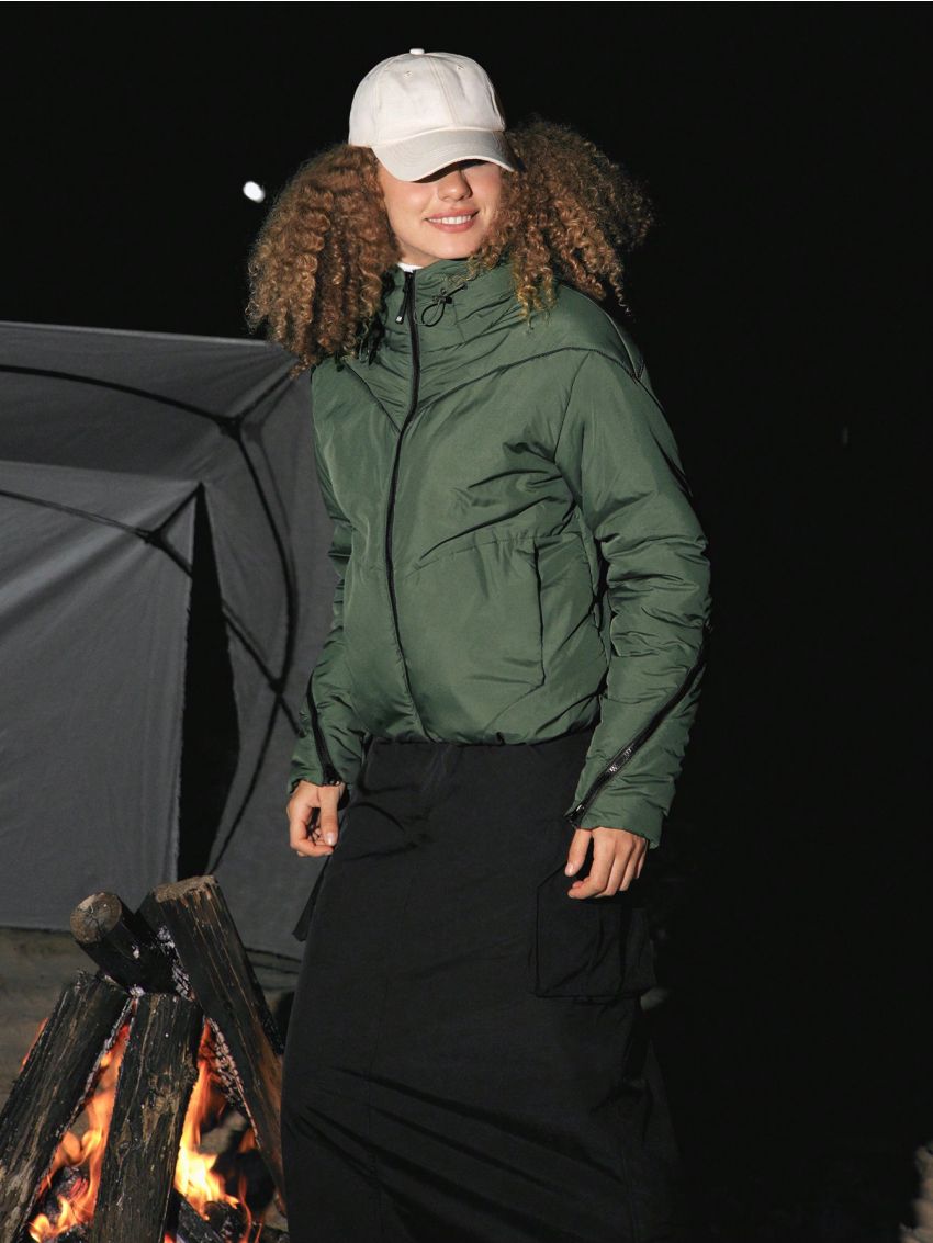 In My Nature Solid Zipper Up Drawstring Detail Puffer Coat