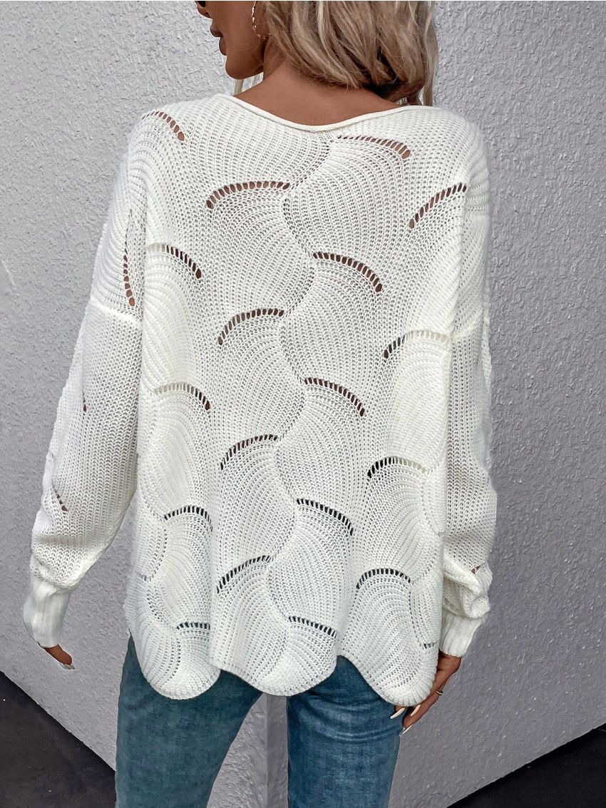 Pointelle Knit Drop Shoulder Scallop Trim Sweater