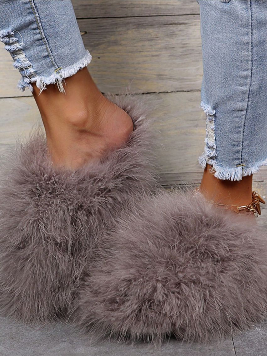 Women's Fluffy Shoes, Solid Color Home Slippers With , Suitable For Any Outfits
