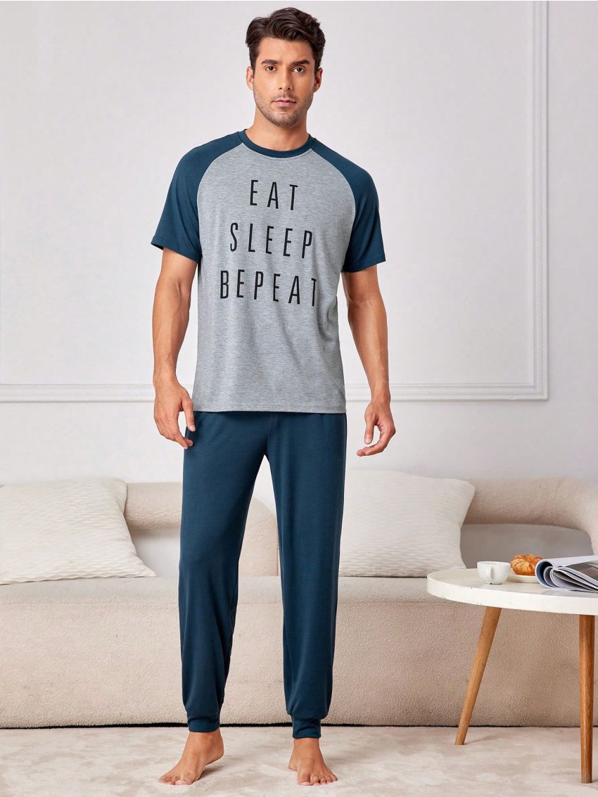 Men'S Letter Print Short Sleeve Top And Pants Homewear Set