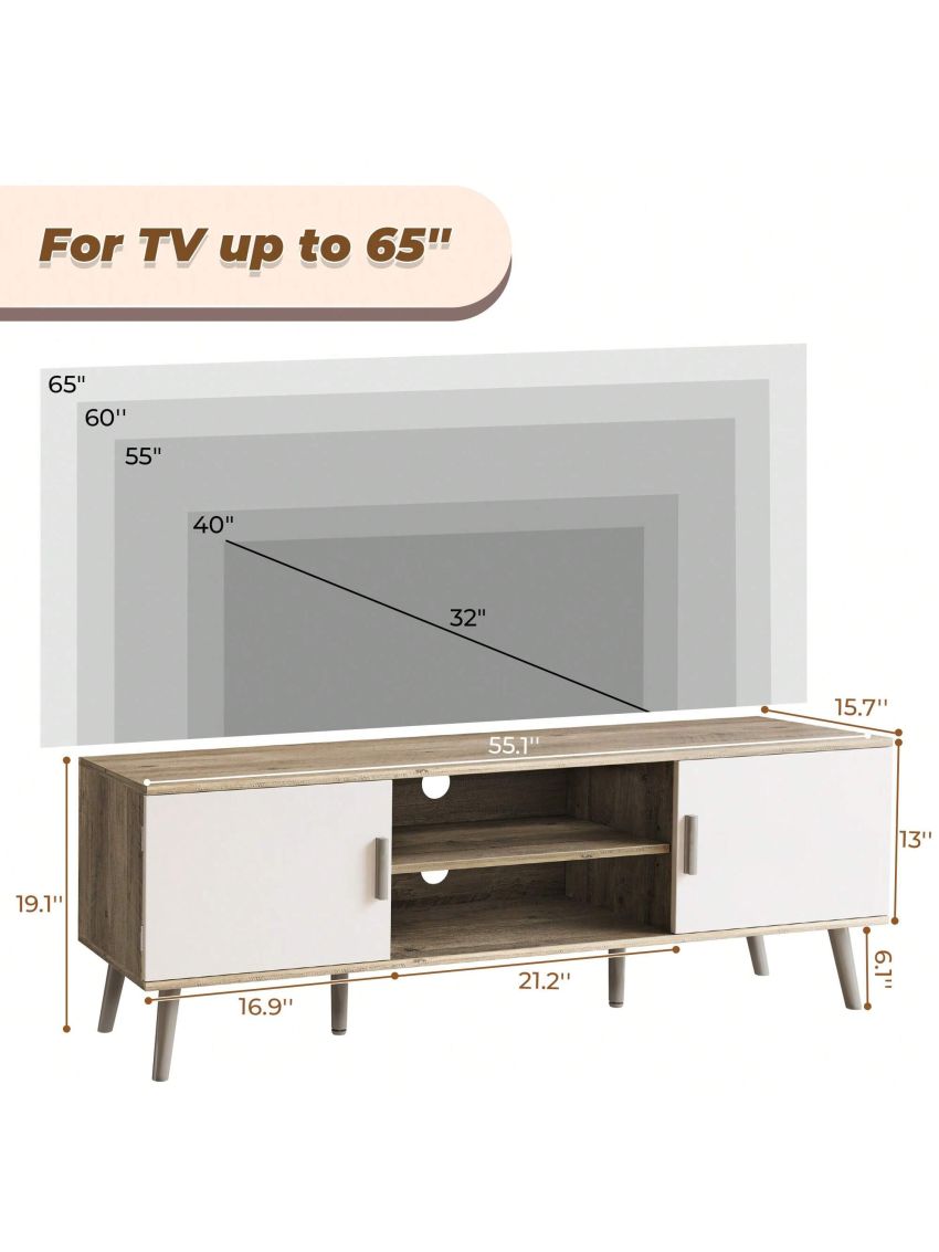 SUPERJARE TV Stand for 55 Inch TV, Entertainment Center with Adjustable Shelf, 2 Cabinets, Solid Wood Feet, 4 Cord Holes
