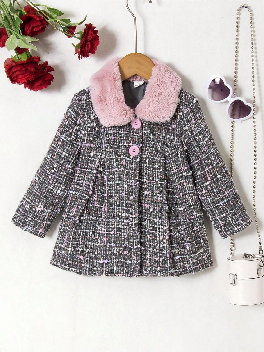 SHEIN Kids QTFun Young Girl Borg Collar Fold Pleated Overcoat