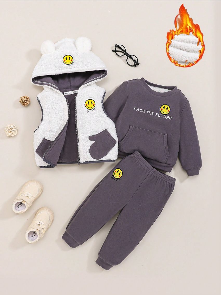 SHEIN Baby Boys' Face Print Sweater & Pants & Fleece Lined Hooded Vest 3pcs/set