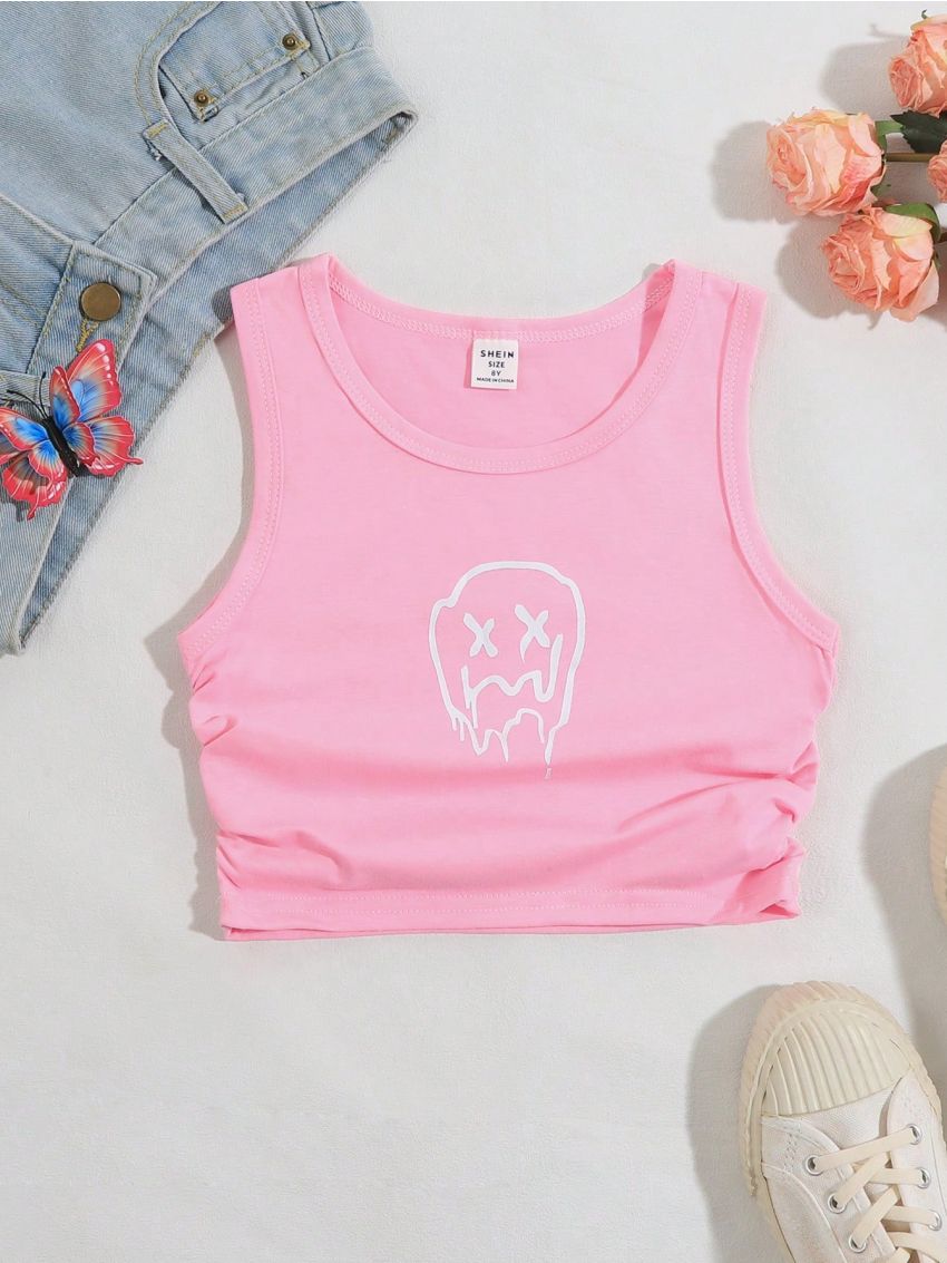 SHEIN Kids EVRYDAY Tween Girls' Cartoon Printed Ruffle & Side Ruched Tank Top