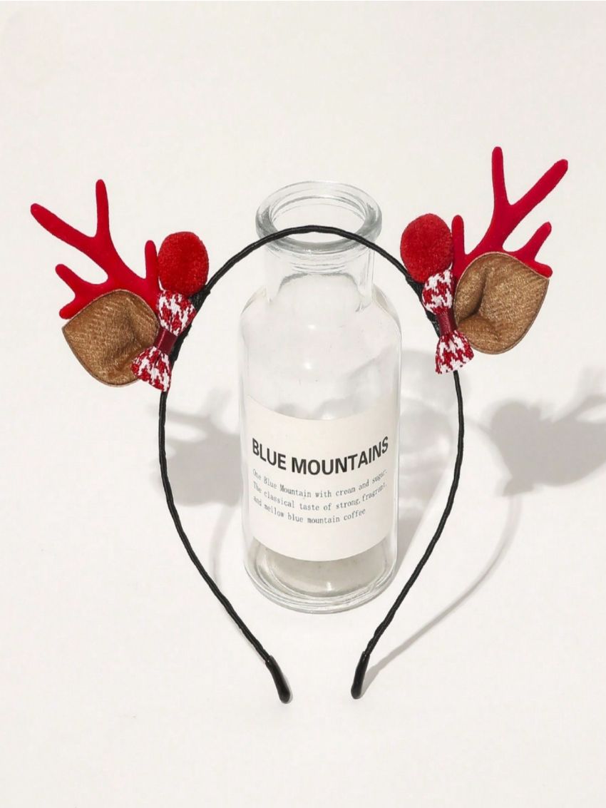 1pc Fashionable Red Plastic Antler Bowknot Pom-pom Headband Hair Clasp Decorated With Christmas Emblem, For Women