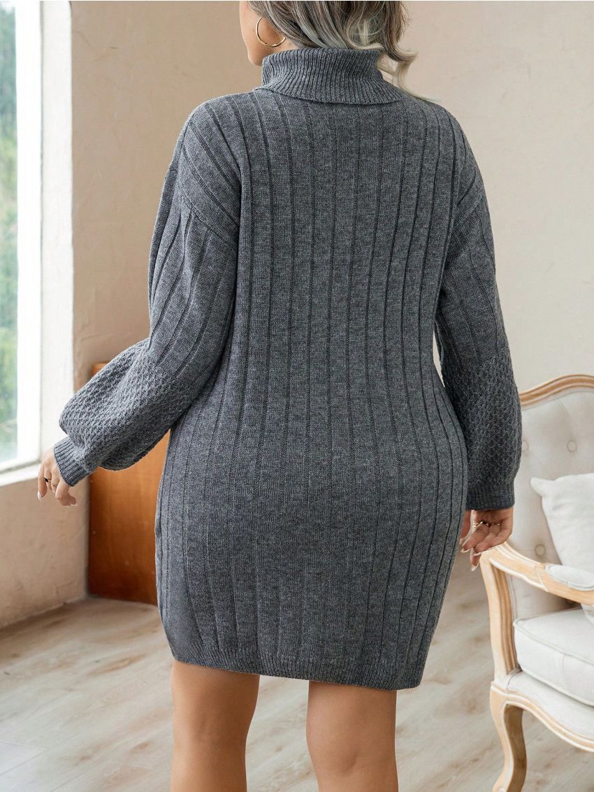 SHEIN Privé Plus Turtleneck Lantern Sleeve Sweater Dress Without Belt