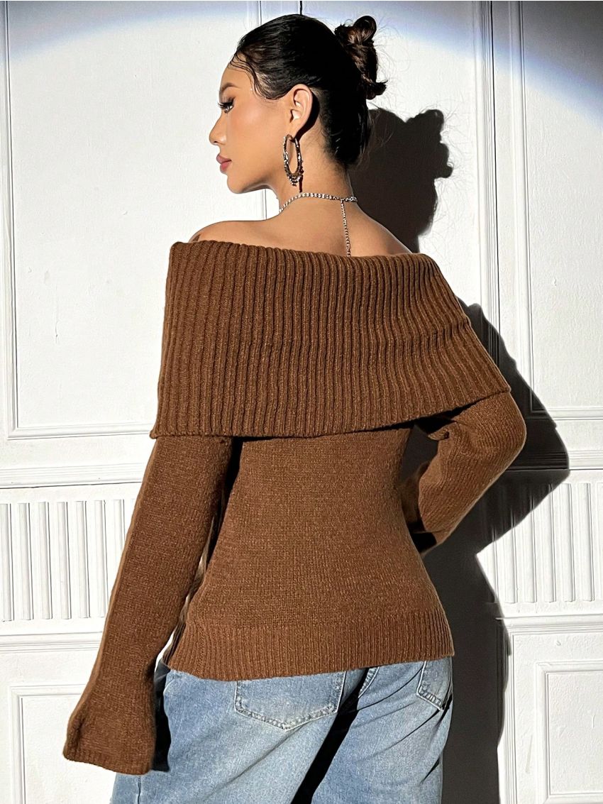 SHEIN ICON Women's Solid Color Off-shoulder Sweater With Butterfly Pattern