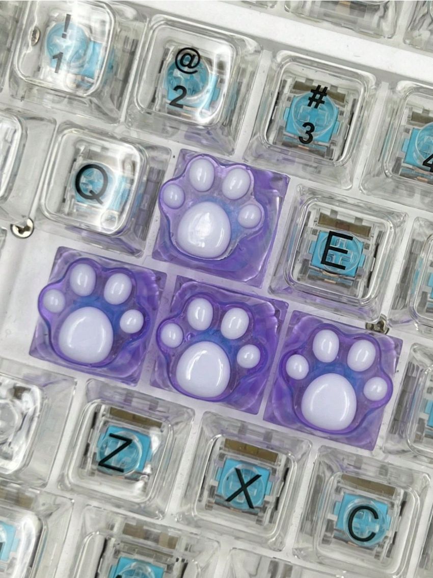 4pcs Cute Purple Anti-scratch Transparent Abs Cat's Paw Keycaps For Mechanical Keyboard Decoration
