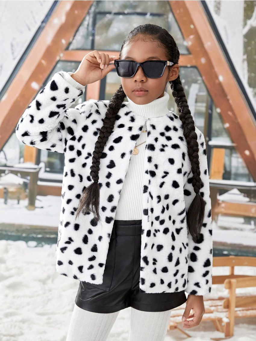 SHEIN Kids Cooltwn Tween Girl Dalmatian Print Fuzzy Coat