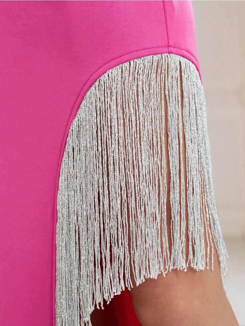 SHEIN Belle Women's Evening Dress (heavy) With High Slit, Tassel Trim, V-neck, Diamond Strap