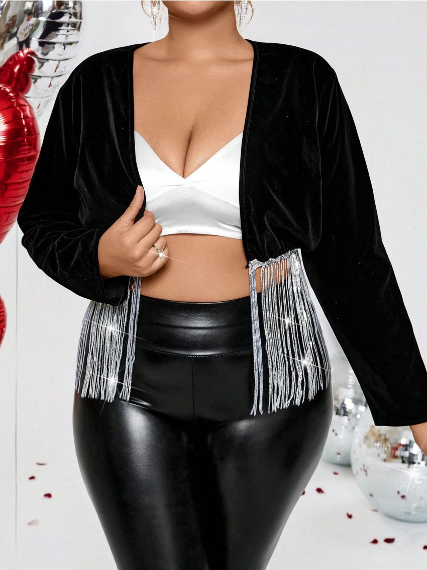 SHEIN BAE Plus Size Fringe Patchwork Long Sleeve Jacket
