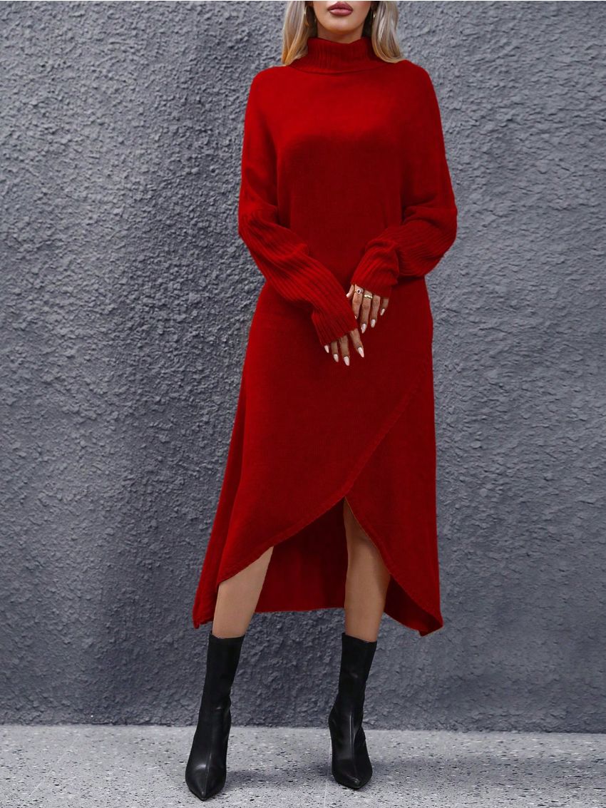 High Neck Drop Shoulder Sleeve Sweater Dress, Belt Not Included
