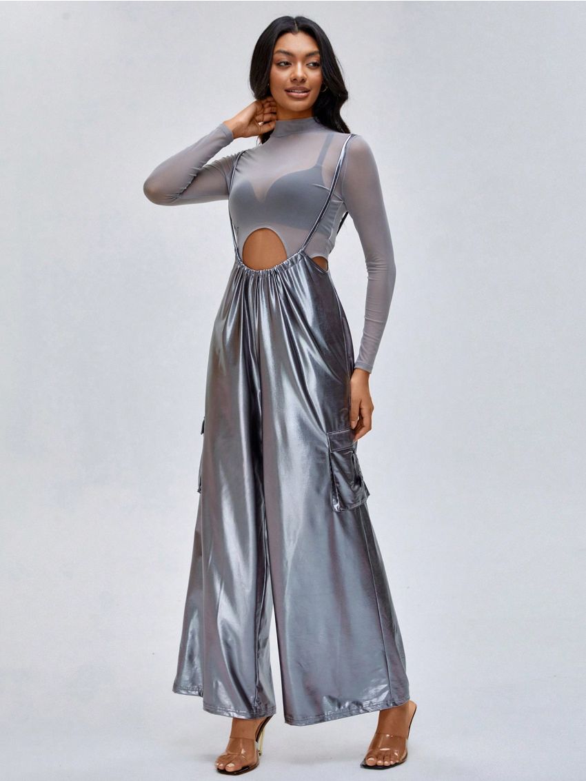 XELA AND VIC Mock Neck Mesh Top & Wide Leg Overall Jumpsuit