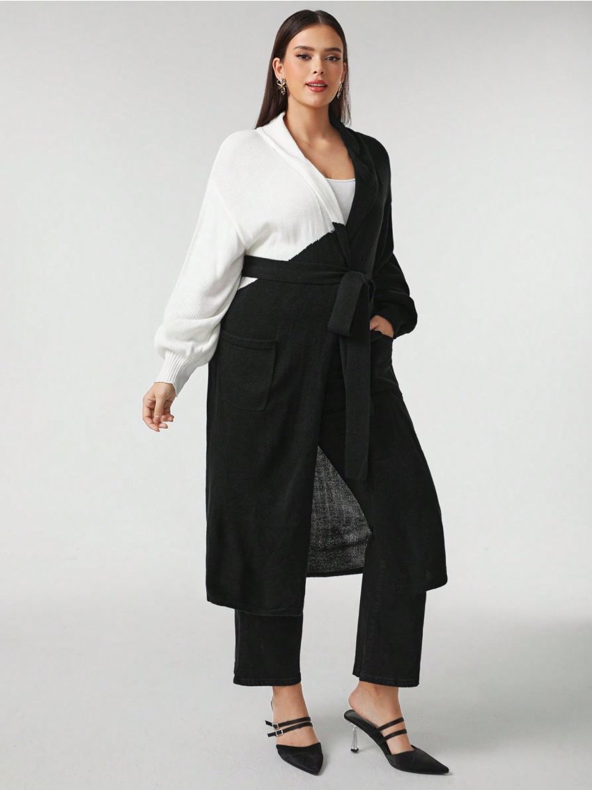 Sylvia Mollie Plus Two Tone Drop Shoulder Open Front Longline Cardigan