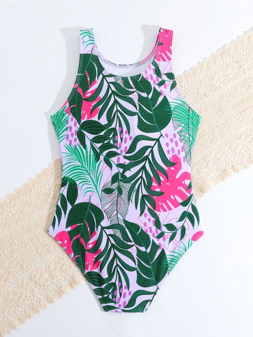 Tween Girl's One Piece Swimsuit With Tropical Plant Print