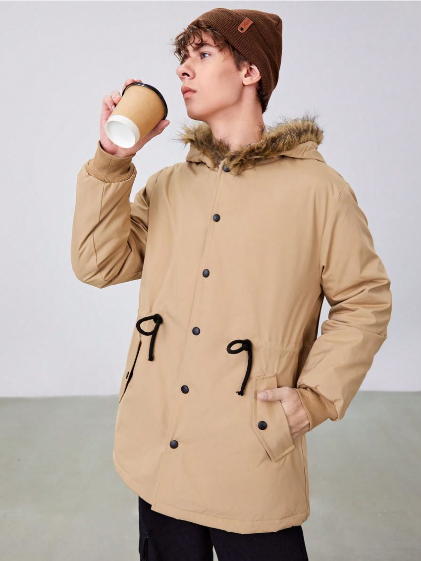 SHEIN Teen Boy Drawstring Waist Fuzzy Trim Hooded Teddy Lined Coat