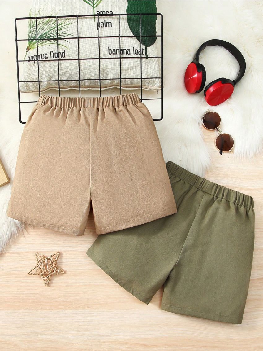 SHEIN Kids SUNSHNE 2pcs/set Toddler Boys' Casual Comfortable Solid Color Weave Bermuda Shorts, Versatile