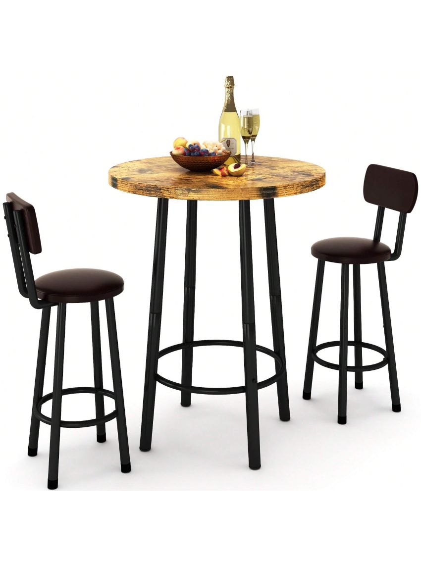3 Piece Pub Dining Set, Modern Round bar Table and Stools for 2, Kitchen Counter Height Wood Top Bistro, Easy Assemble for Breakfast Nook, Living Room, Small Space, Restaurant